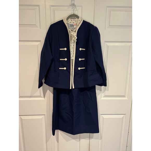 Vintage Navy Skirt Suit Set Blazer Button Up Career Academic Dark Academia - Picture 1 of 8